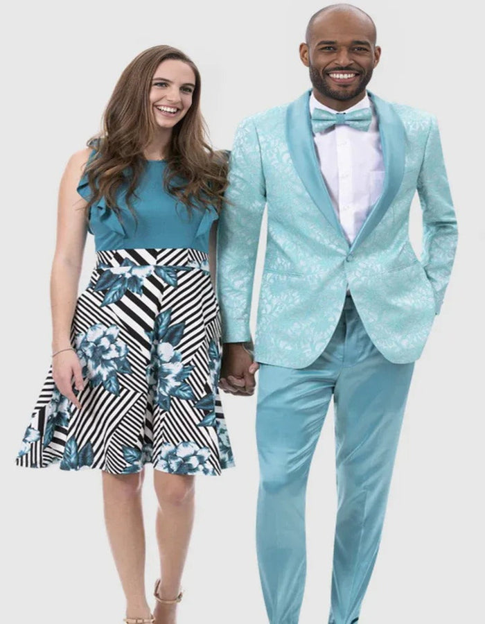 Blue Wedding Tuxedo - Mens Slim Fit Two Piece Tonal Paisley Floral Pattern Teal Blue Tuxedo