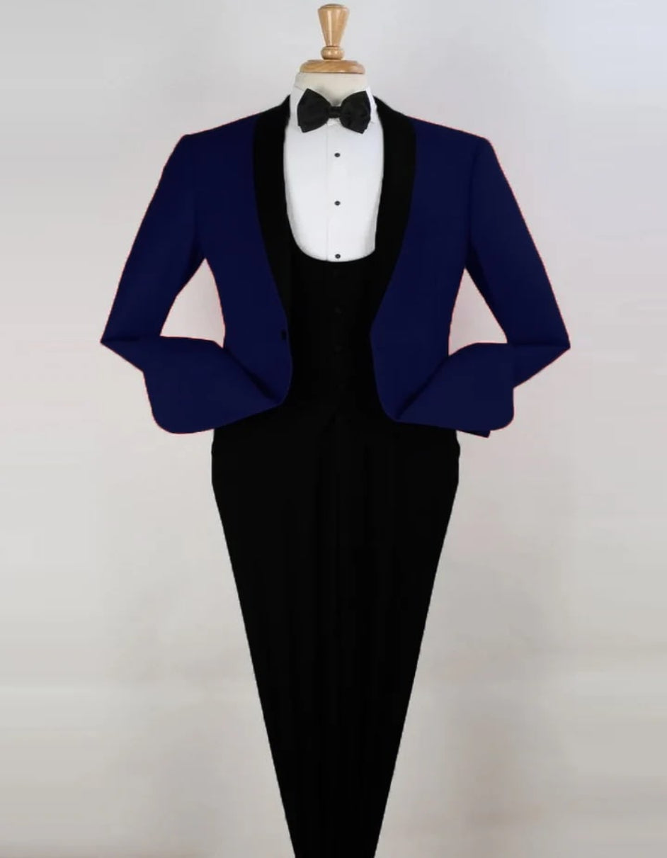 Blue Wedding Tuxedo - Mens 1 button Scoop Vested Blue Tuxedo