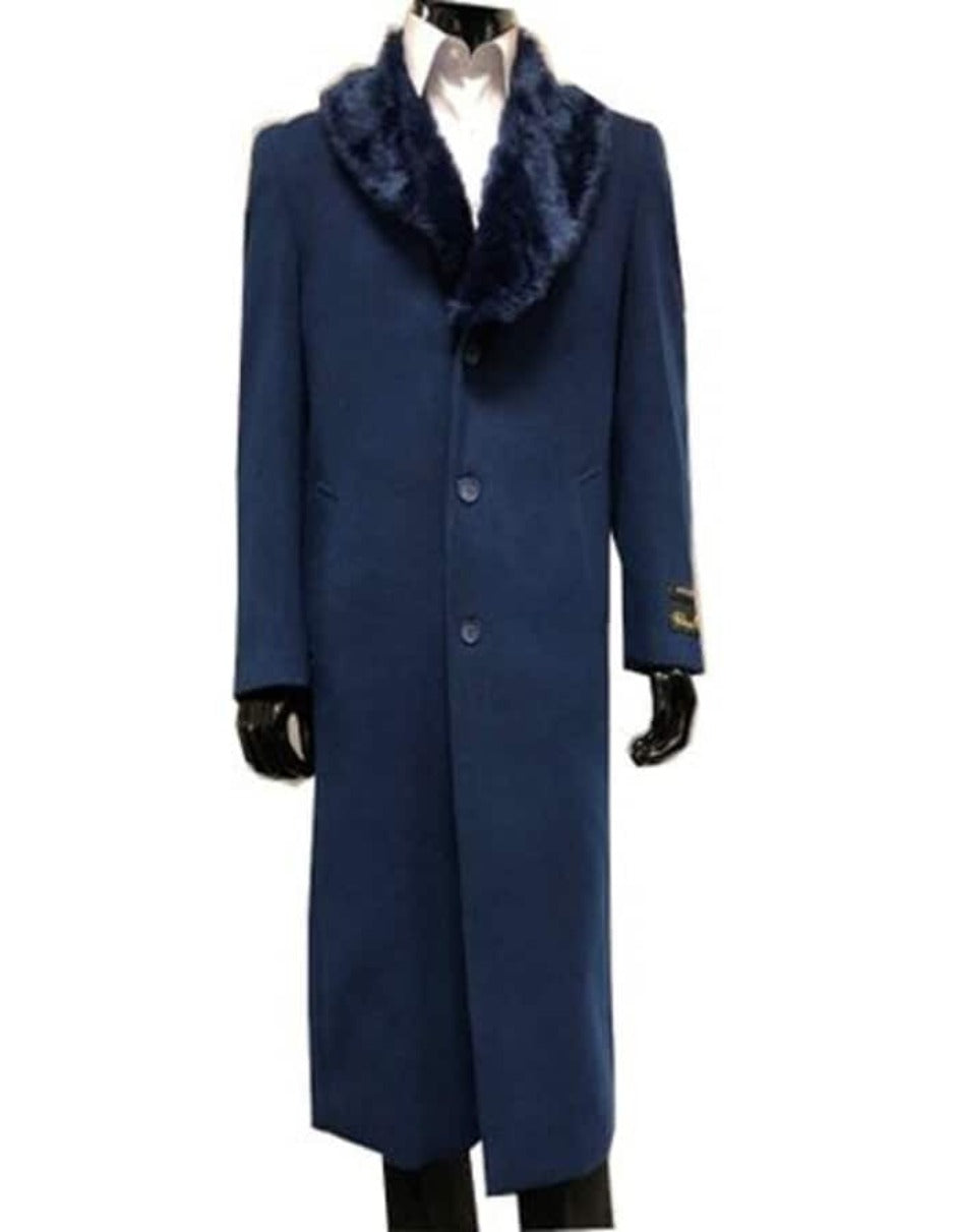 Mens Overcoat - Topcoat For Men - Winter Fabric - Mens Wool Overcoat With Fur Collar Full Length 48 Inches Blue Color - Navy Blue Topcoat - Men's Tuxedo USA