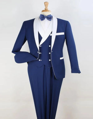 Blue Wedding Tuxedo - Mens One button Double Breasted Blue and White Shawl Tuxedo