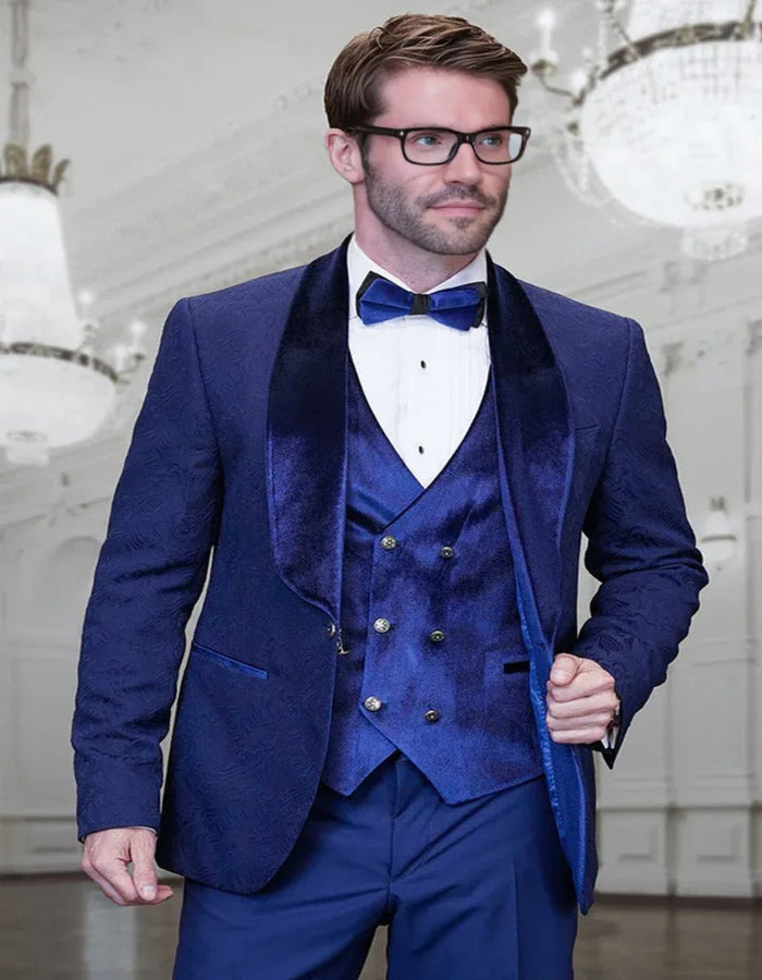 Blue Wedding Tuxedo - Men's Tonal Paisley Wedding Sapphire Blue Prom Tuxedo