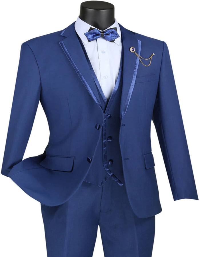 Blue Wedding Tuxedo - Mens Vested Wedding Trim Blue Tuxedo