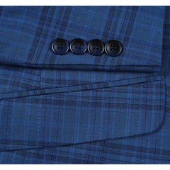 Mens Two Button Slim Fit Sport Coat Medium Indigo Blue Windowpane Plaid Blazer