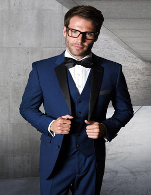 Blue Wedding Tuxedo - Men's Designer Modern Fit Vested Sapphire Blue Wool Wedding Tuxedo