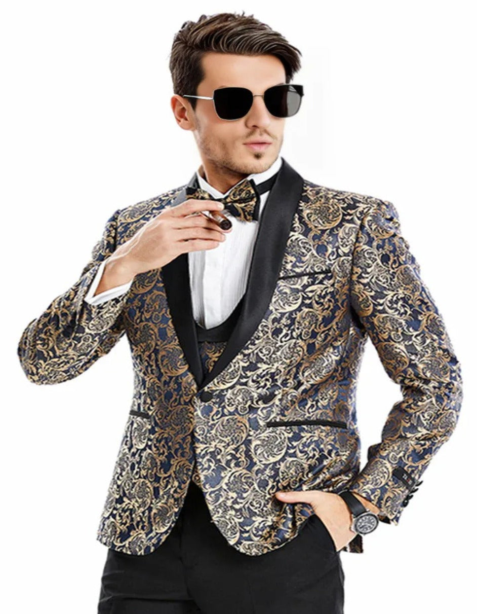 Blue Wedding Tuxedo - Men's One Button Vested Prom & Wedding Shawl Navy Blue & Gold Paisley Tuxedo