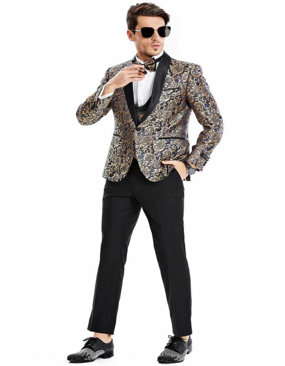 Blue Wedding Tuxedo - Men's One Button Vested Prom & Wedding Shawl Navy Blue & Gold Paisley Tuxedo