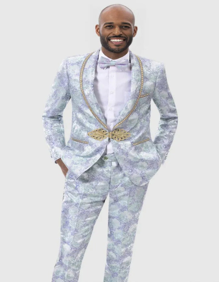 Blue Wedding Tuxedo - Mens Slim Fit Two Piece Blue Paisley Prom Gold Trim Smoking Jacket Tuxedo