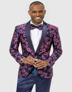 Blue Wedding Tuxedo - Mens Studded Shawl Lapel Prom Tuxedo Navy Blue and Magenta Floral Pattern Blazer