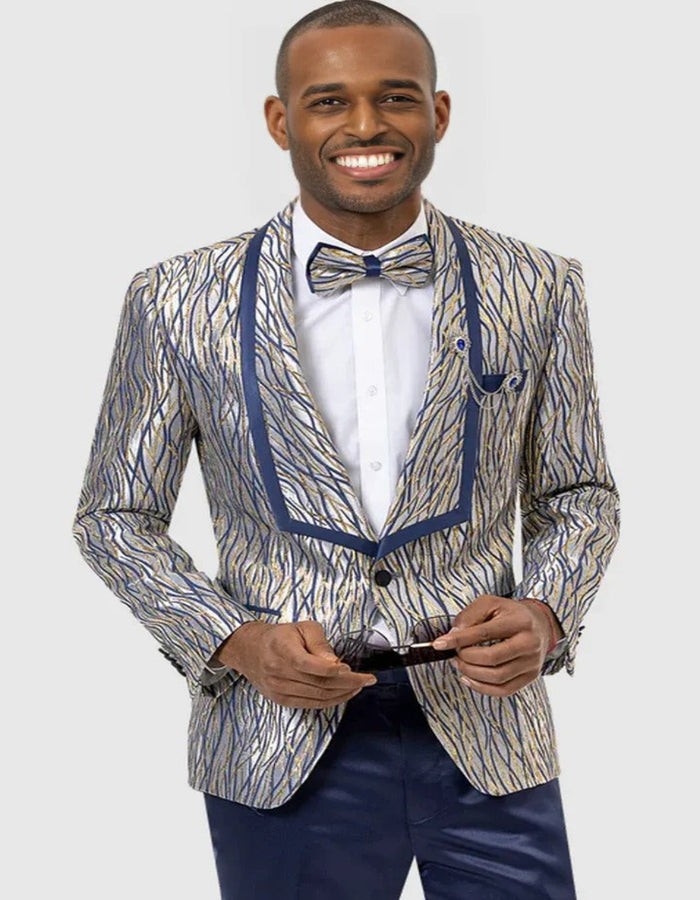 Blue Wedding Tuxedo - Mens Modern Square Shawl Prom Blue & Gold Waves Dinner Jacket Tuxedo