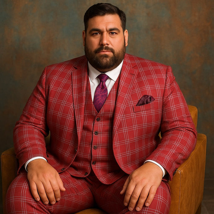 Mens Red Plaid Three-Piece Suit  Bold Checkered Pattern with Vest and Matching Pants