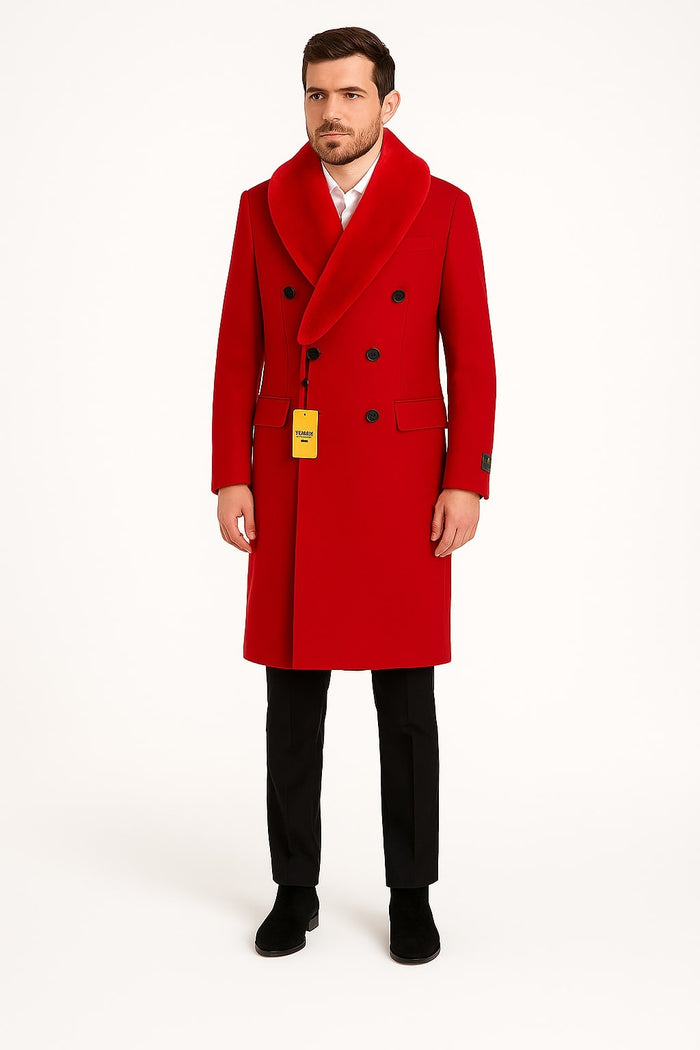 Mens Double Breasted Red Overcoat with Bold Red Faux Fur Collar  Alberto Nardoni Luxury Winter Coat
