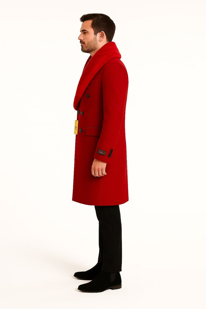 Mens Double Breasted Red Overcoat with Bold Red Faux Fur Collar  Alberto Nardoni Luxury Winter Coat
