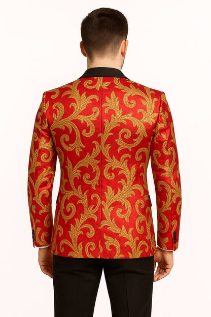 Men's Red and Gold Baroque Tuxedo Jacket with Black Satin Shawl Lapel