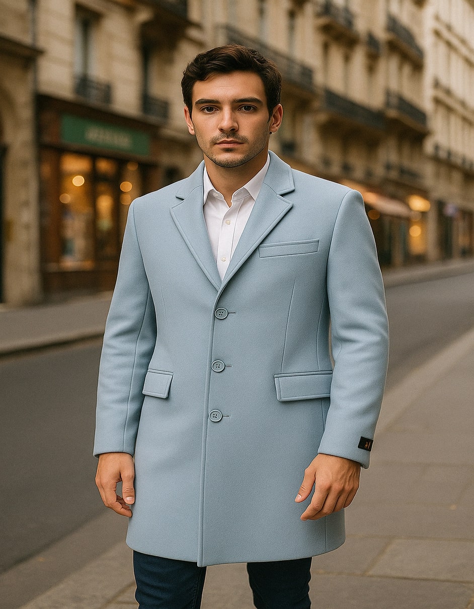 Mens Light Blue Wool Overcoat  Classic Single-Breasted Long Coat - Sky Blue Carcoat Wool Fabric
