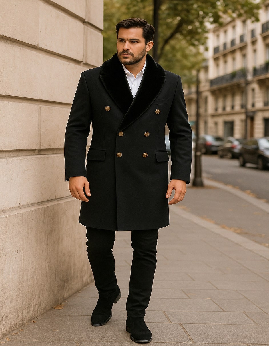 Mens Black Double-Breasted Overcoat with Faux Fur Collar and Gold Buttons