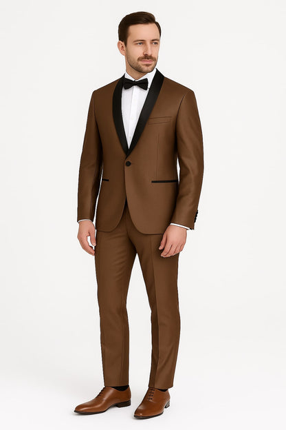 Mens Bronze Satin Shawl Lapel Tuxedo Suit  Light Brown Coffee Color