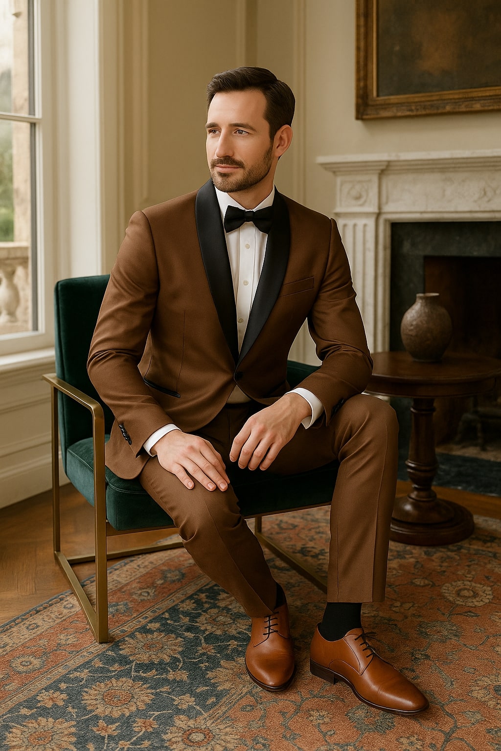 Mens Bronze Satin Shawl Lapel Tuxedo Suit  Light Brown Coffee Color