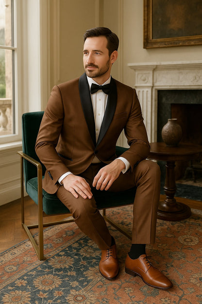 Mens Bronze Satin Shawl Lapel Tuxedo Suit  Light Brown Coffee Color