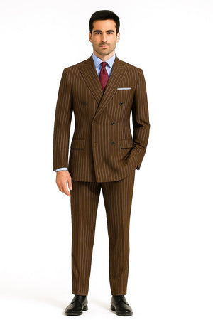 Mens Brown Pinstripe Double-Breasted Suit  Classic 6-Button Business and Vintage Style