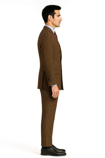 Mens Brown Pinstripe Double-Breasted Suit  Classic 6-Button Business and Vintage Style