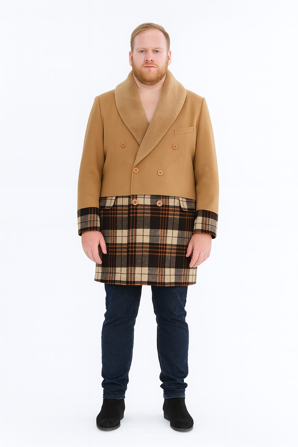 Mens Camel Brown Shawl Collar Overcoat with Plaid Wool Bottom  Double-Breasted Winter Topcoat With Fur Collar