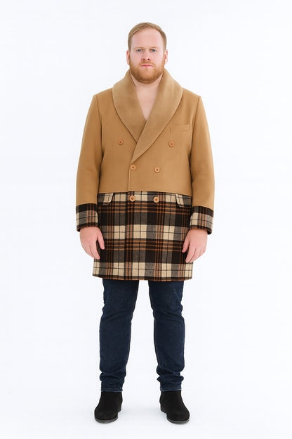 Mens Camel Brown Shawl Collar Overcoat with Plaid Wool Bottom  Double-Breasted Winter Topcoat With Fur Collar