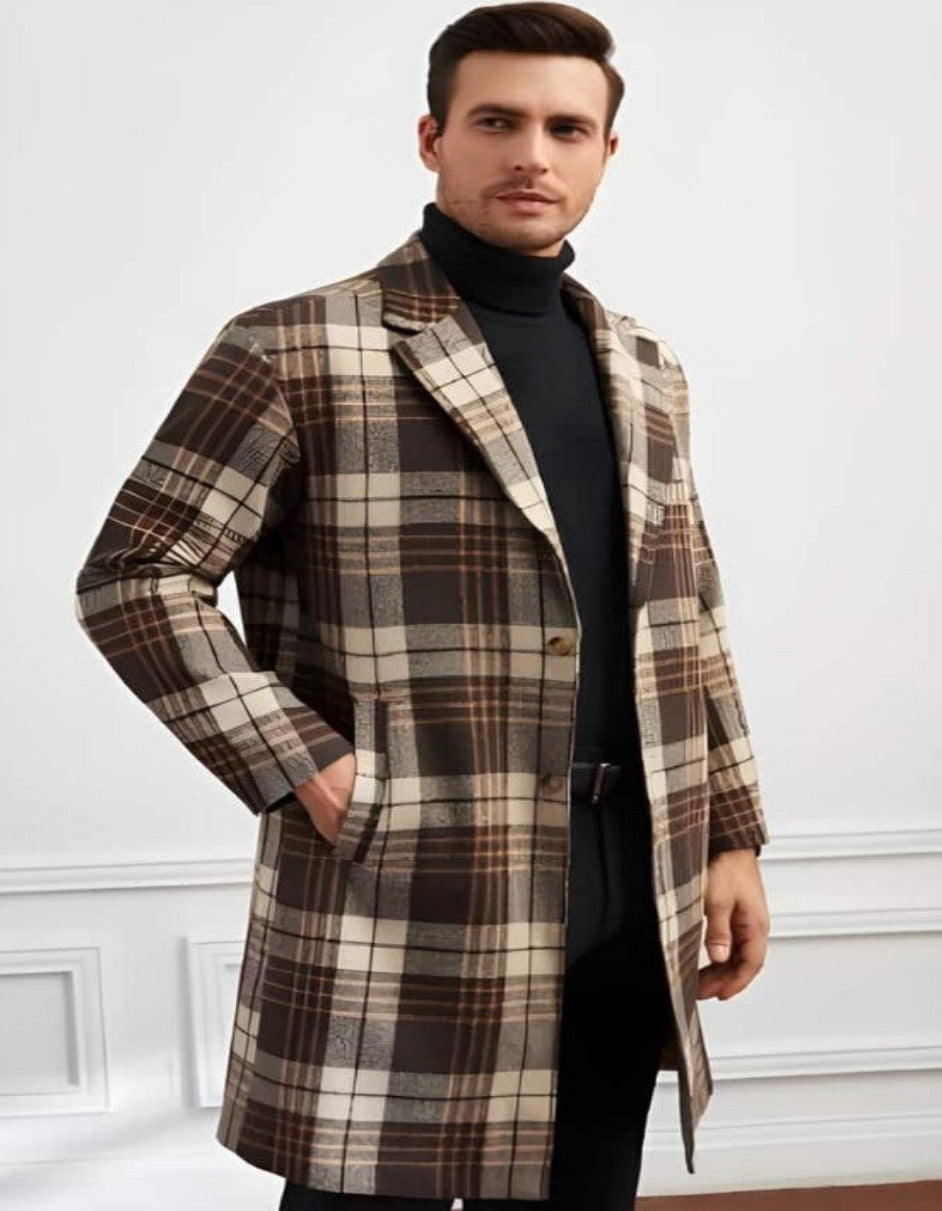 Plaid Wool Overcoat  Brown & Camel Mixed Color Topcoat