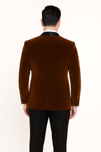 Mens Brown Velvet Tuxedo with Black Satin Shawl Lapel  One Button Formal Suit Jacket