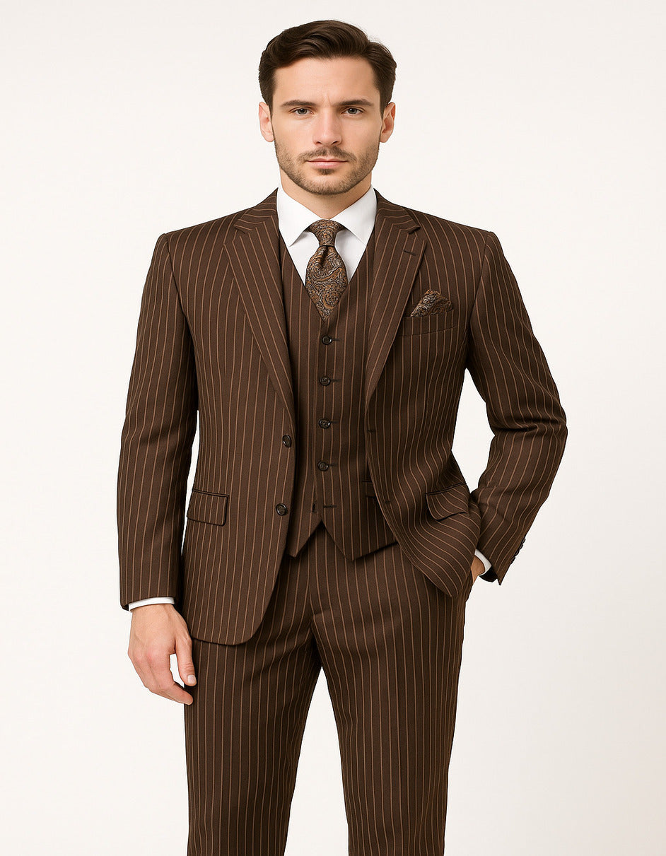Men's Brown Pinstripe 3-Piece Suit with Matching Vest  Classic Fit Business and Formal Attire
