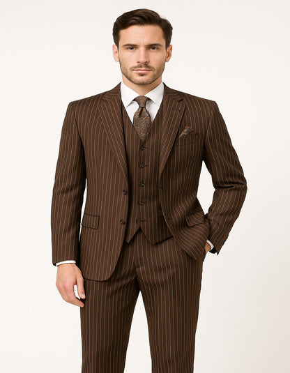 Men's Brown Pinstripe 3-Piece Suit with Matching Vest  Classic Fit Business and Formal Attire