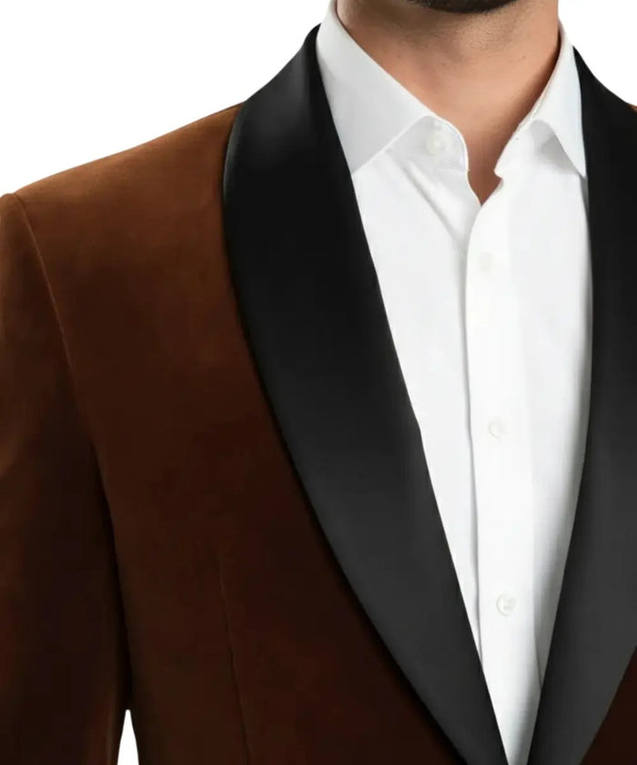 Men’s Luxury Brown Velvet Blazer – Shawl Collar Wedding and Dinner Jacket