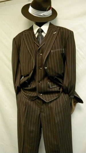 Mens Brown Pinstripe Zoot Suit – 1920s Gangster Vintage 3-Piece Suit with Wide-Leg Pants and Fedora Look - Three Buttons