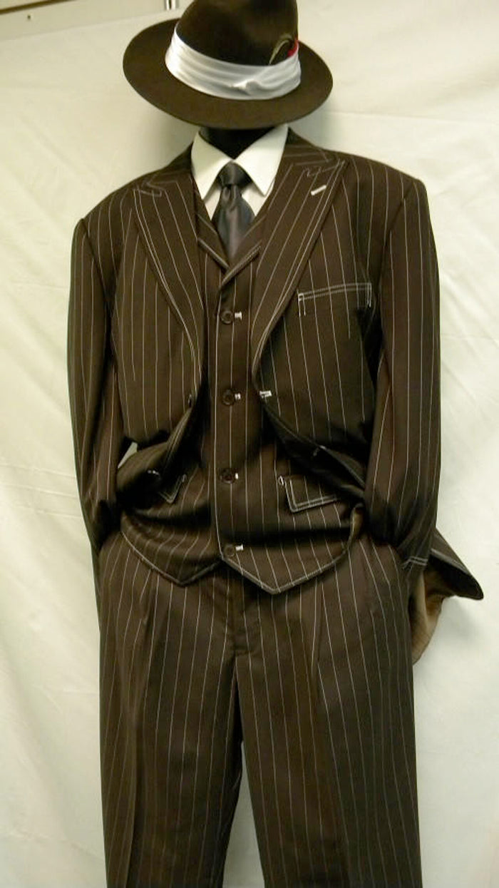 Mens Brown Pinstripe Zoot Suit – 1920s Gangster Vintage 3-Piece Suit with Wide-Leg Pants and Fedora Look - Three Buttons ((5903v)