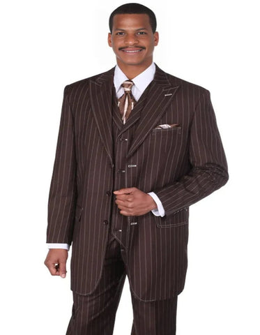 Pleated Dress Men Suits - Mens Vintage Vested Gangster Bold Pinstripe Brown Fashion Suit