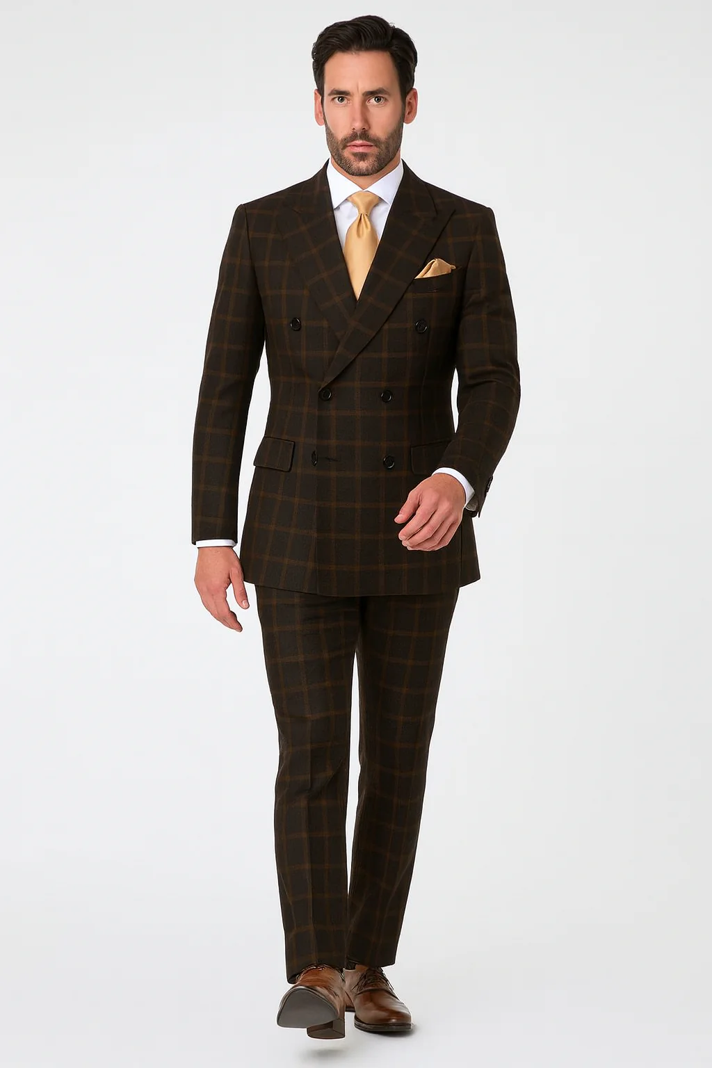 Men's Brown Plaid Double-Breasted Wool Suits  Classic Windowpane Two-Piece Formal Suits By Rossiman