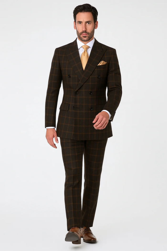 Men's Brown Plaid Double-Breasted Wool Suits  Classic Windowpane Two-Piece Formal Suits By Rossiman