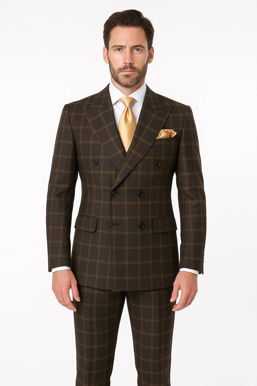Men's Brown Plaid Double-Breasted Wool Suits  Classic Windowpane Two-Piece Formal Suits By Rossiman
