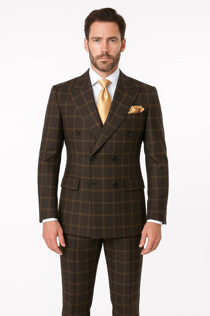 Men's Brown Plaid Double-Breasted Wool Suits  Classic Windowpane Two-Piece Formal Suits By Rossiman