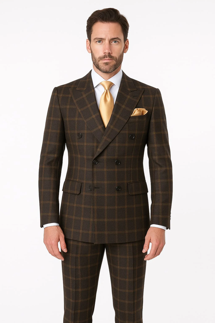 Men's Brown Plaid Double-Breasted Wool Suits  Classic Windowpane Two-Piece Formal Suits By Rossiman