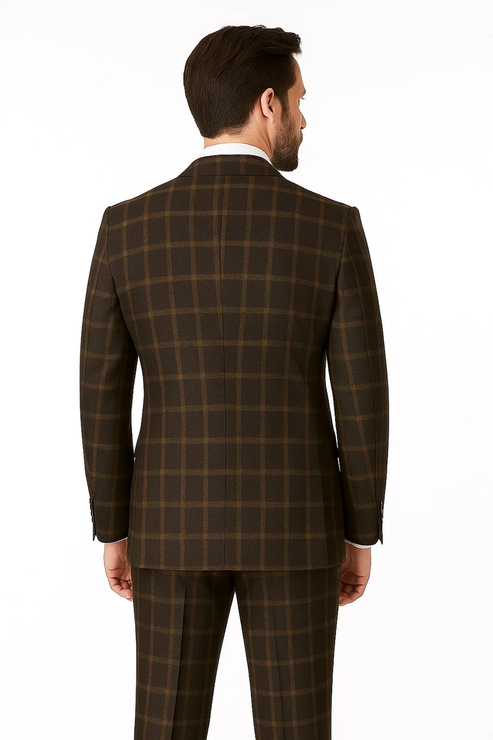 Men's Brown Plaid Double-Breasted Wool Suits  Classic Windowpane Two-Piece Formal Suits By Rossiman