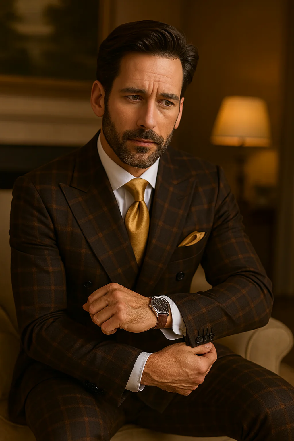 Men's Brown Plaid Double-Breasted Wool Suits  Classic Windowpane Two-Piece Formal Suits By Rossiman