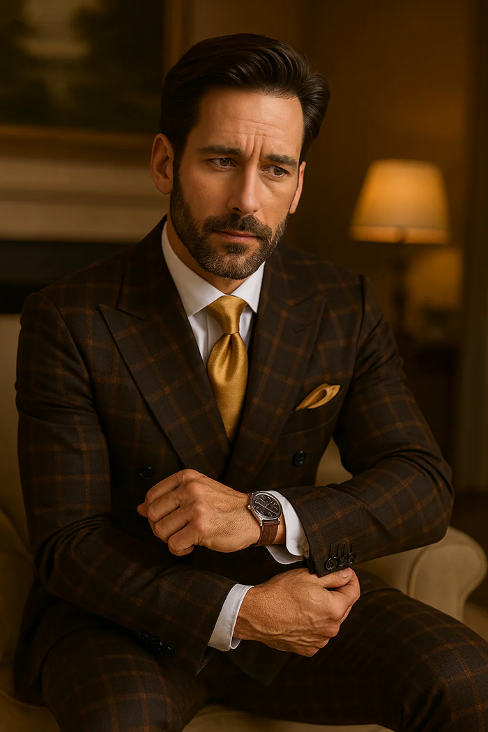 Men's Brown Plaid Double-Breasted Wool Suits  Classic Windowpane Two-Piece Formal Suits By Rossiman