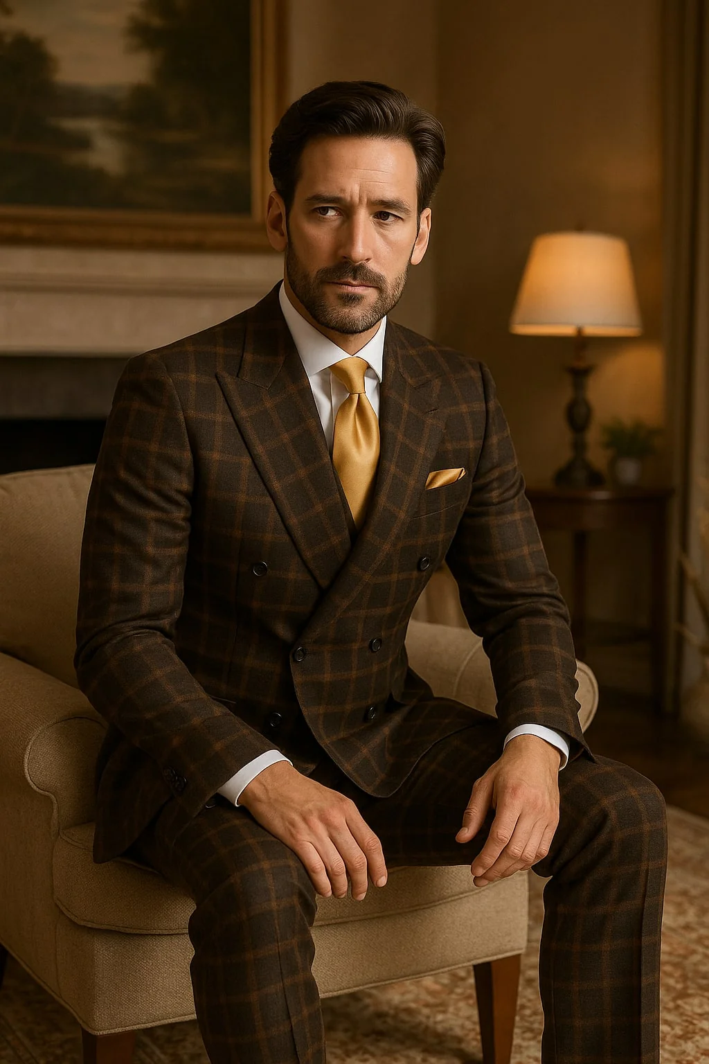 Men's Brown Plaid Double-Breasted Wool Suits  Classic Windowpane Two-Piece Formal Suits By Rossiman