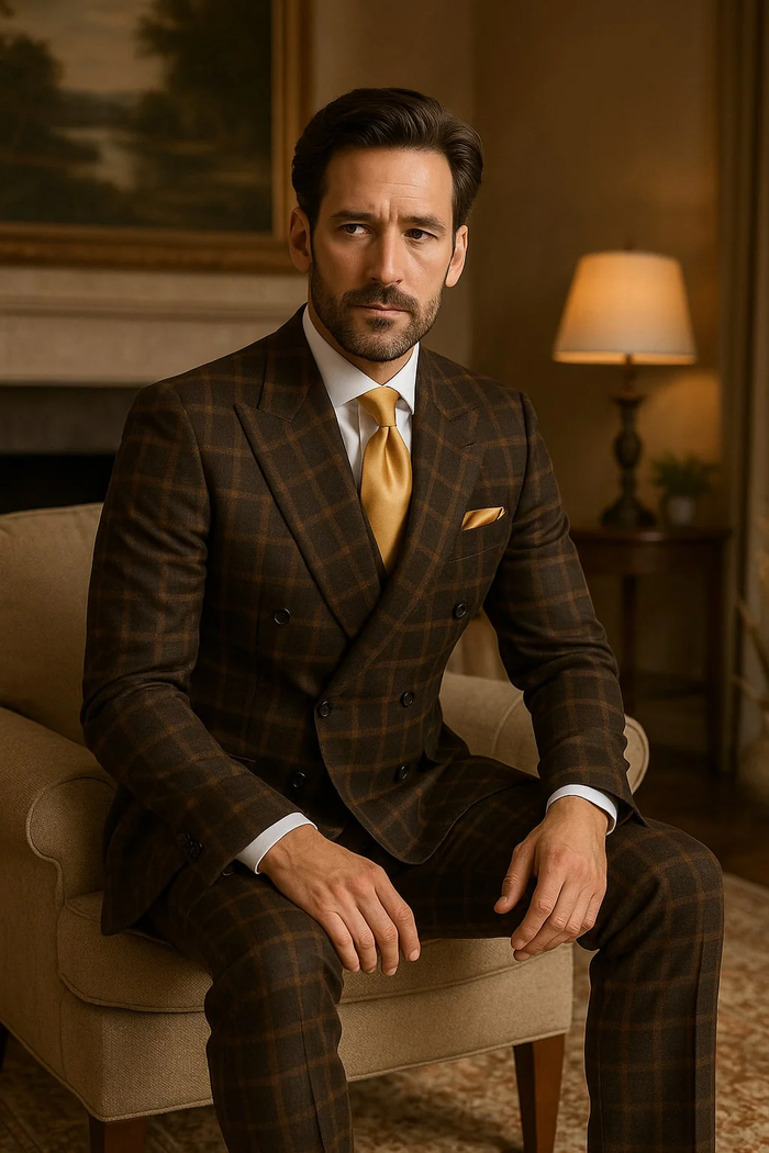Men's Brown Plaid Double-Breasted Wool Suits  Classic Windowpane Two-Piece Formal Suits By Rossiman