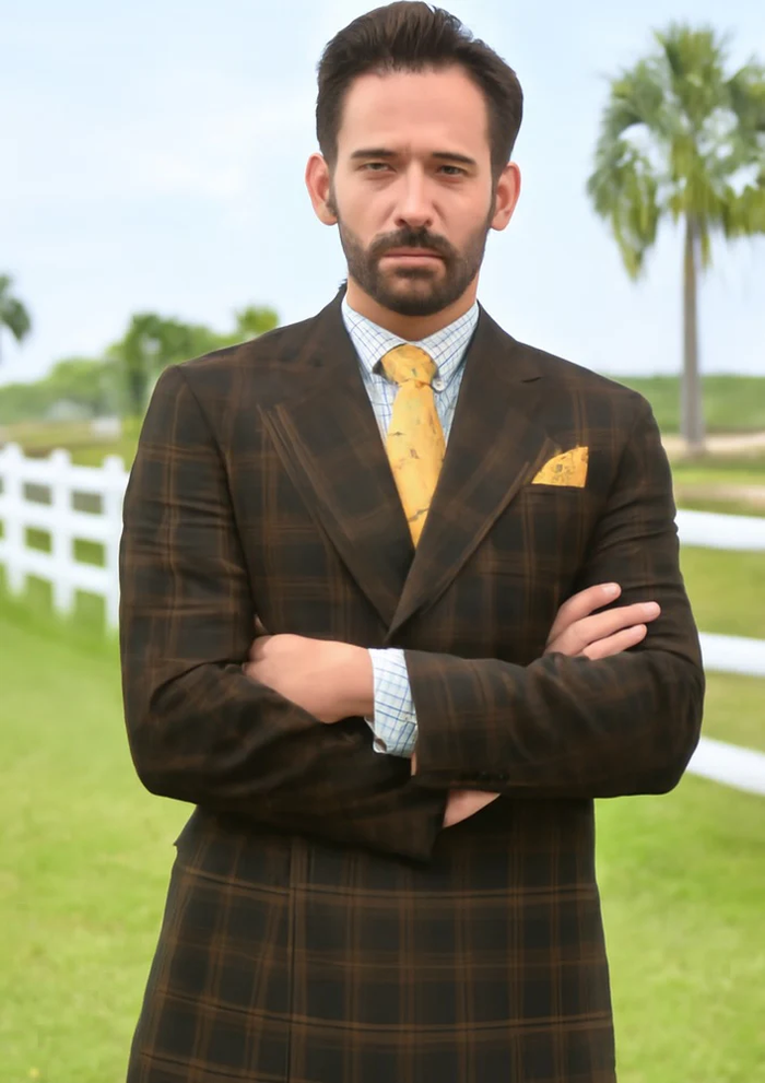 Men's Brown Plaid Double-Breasted Wool Suits  Classic Windowpane Two-Piece Formal Suits By Rossiman