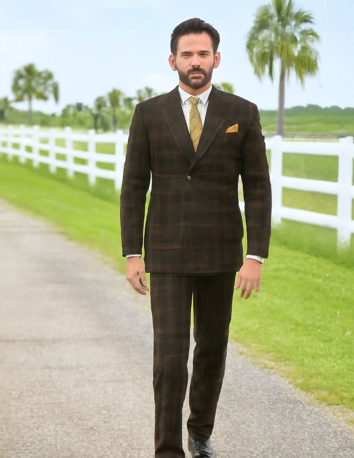 Men's Brown Plaid Double-Breasted Wool Suits  Classic Windowpane Two-Piece Formal Suits By Rossiman