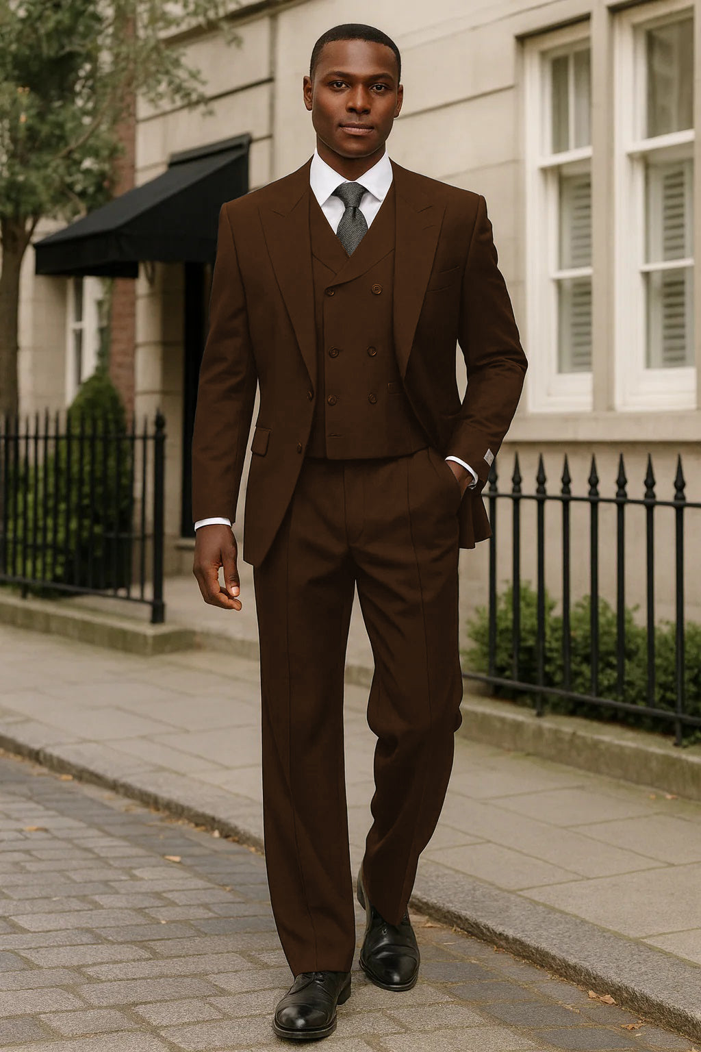 Mens Tiglio Rosso Suit - Wide Leg Baggy Pants - 100% Wool  Black Three-Piece Suit with Double-Breasted Vest and Peak Lapel