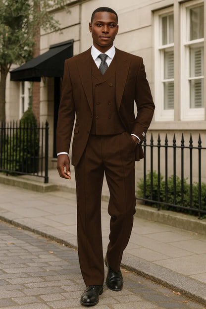 Mens Tiglio Rosso Suit - Wide Leg Baggy Pants - 100% Wool  Black Three-Piece Suit with Double-Breasted Vest and Peak Lapel