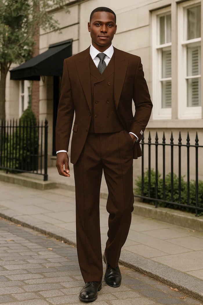 Mens Tiglio Rosso Suit - Wide Leg Baggy Pants - 100% Wool  Black Three-Piece Suit with Double-Breasted Vest and Peak Lapel