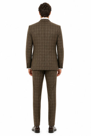 Mens Brown Windowpane Plaid Suit 2-Button Jacket with Double-Breasted Vest